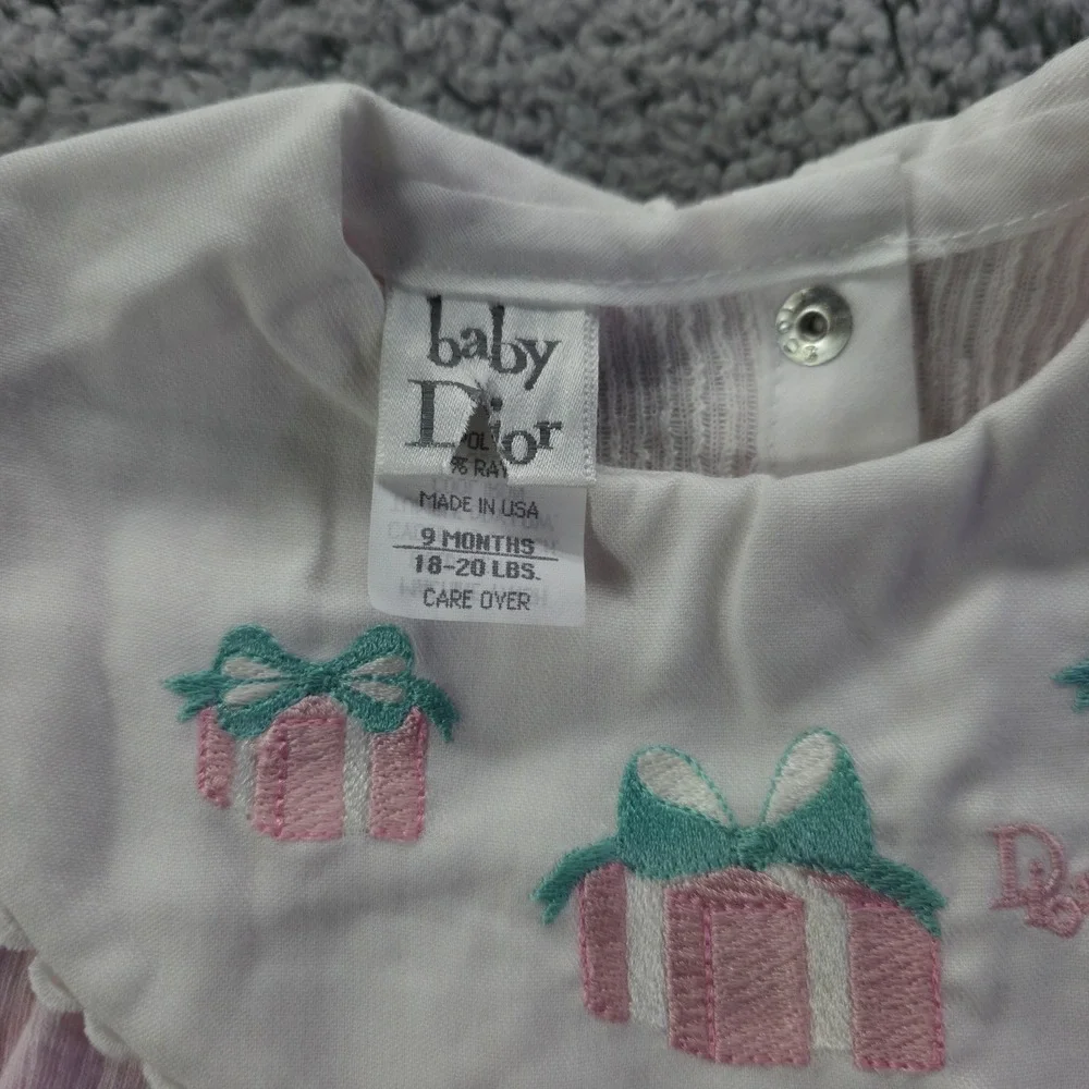 Baby Dior Vintage Pink Striped Embroidered Romper 9 Months Made in USA